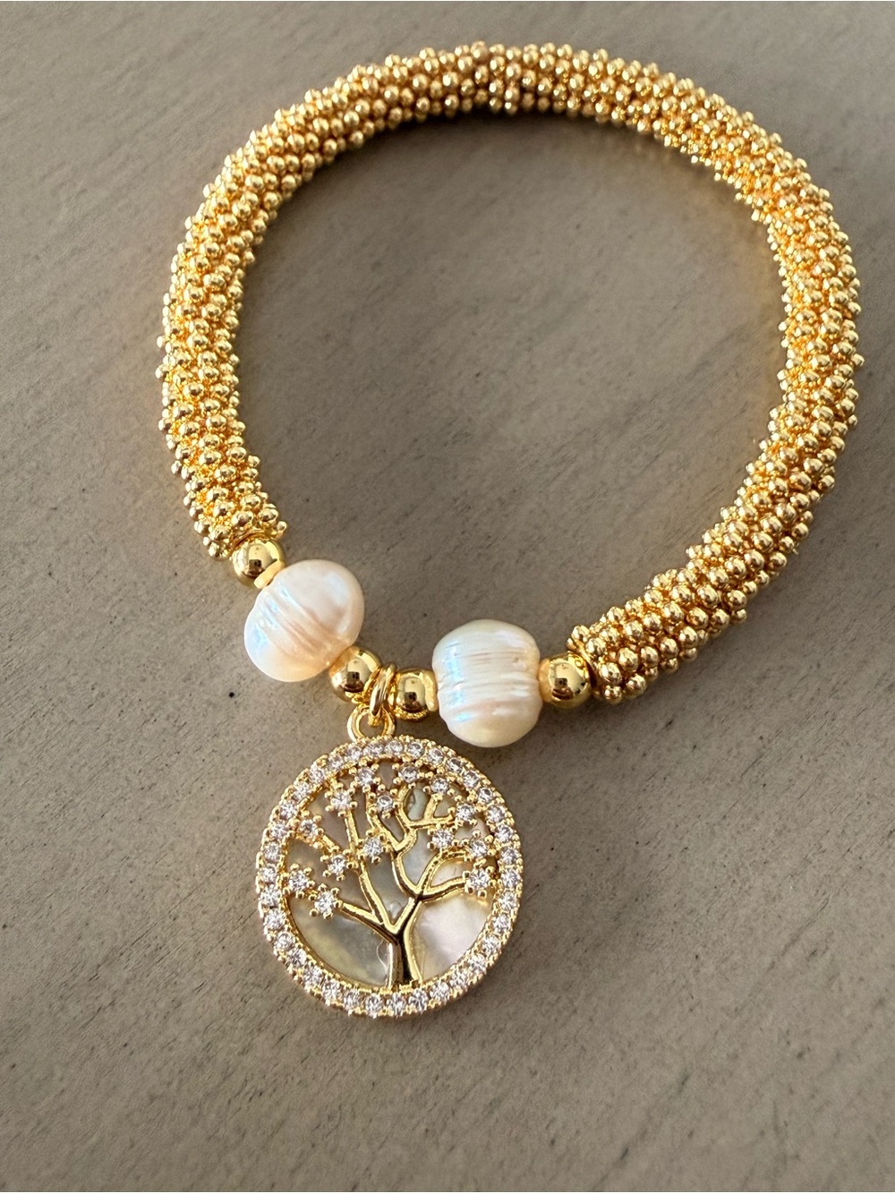 Gold Pearl Bracelet with Tree of Life Charm